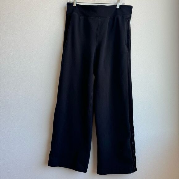 ATHLETA Retroplush Velvet Straight Leg Pants BLACK Size Large Snap Side $119 - Picture 2 of 8